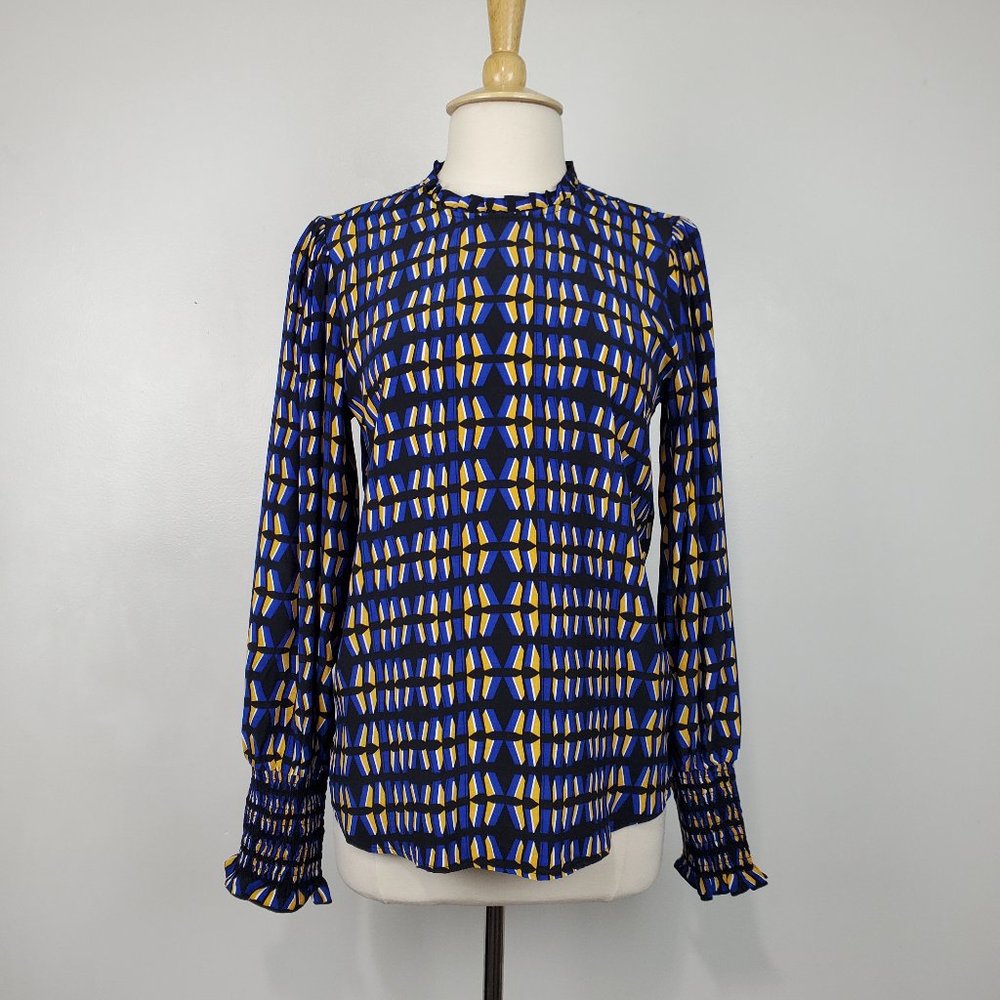 Rachel Zoe Contemporary Fit Geometric Print Ruffle Neck Top With Shirred Cuff M